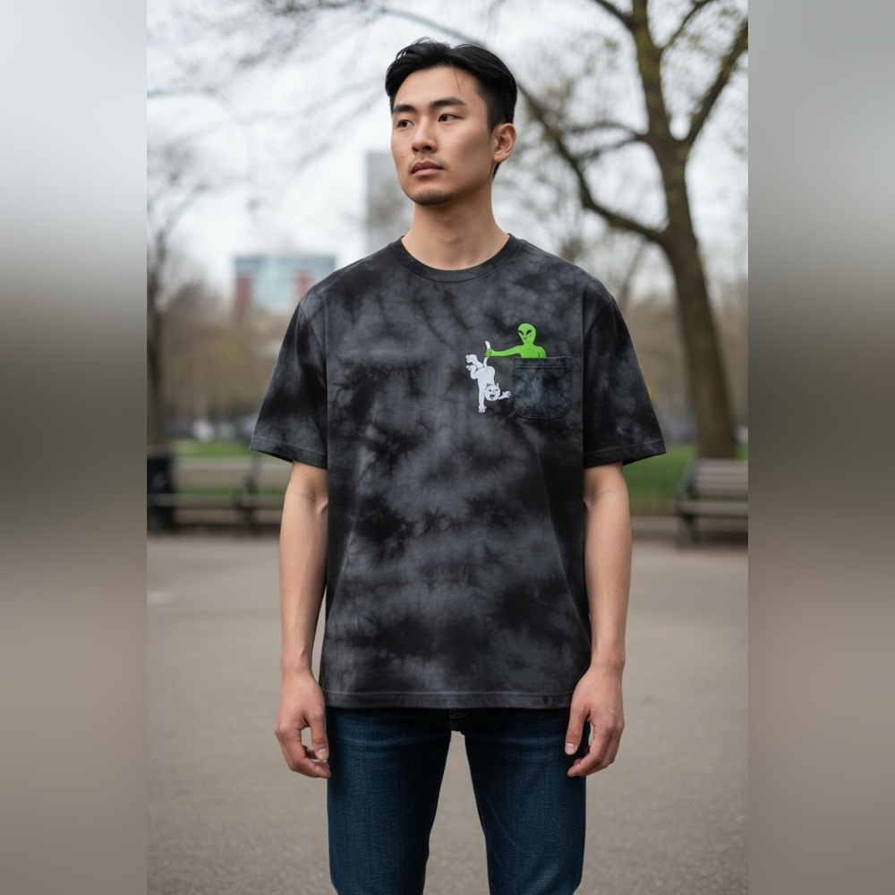 Ripndip Black Tie-Dye Tee with Green Pocket Graphic